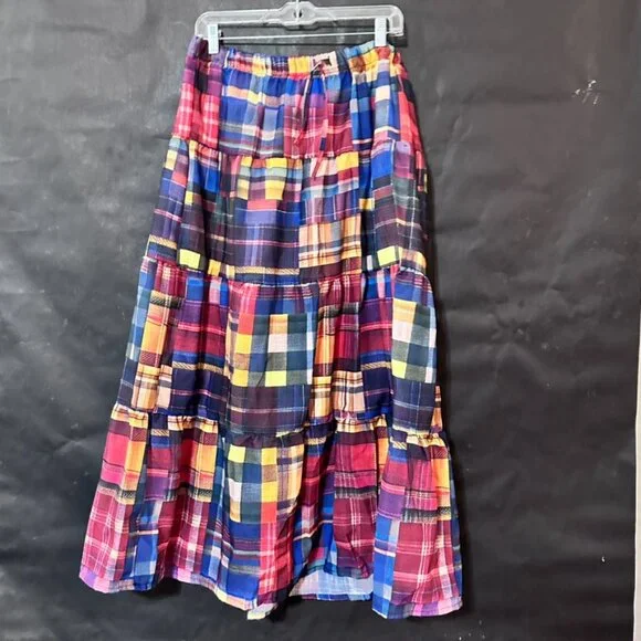 Peasant Madras Long Patchwork Tartan Plaid Skirt Buffalo Red Boho Winter Maxi - Picture 1 of 9
